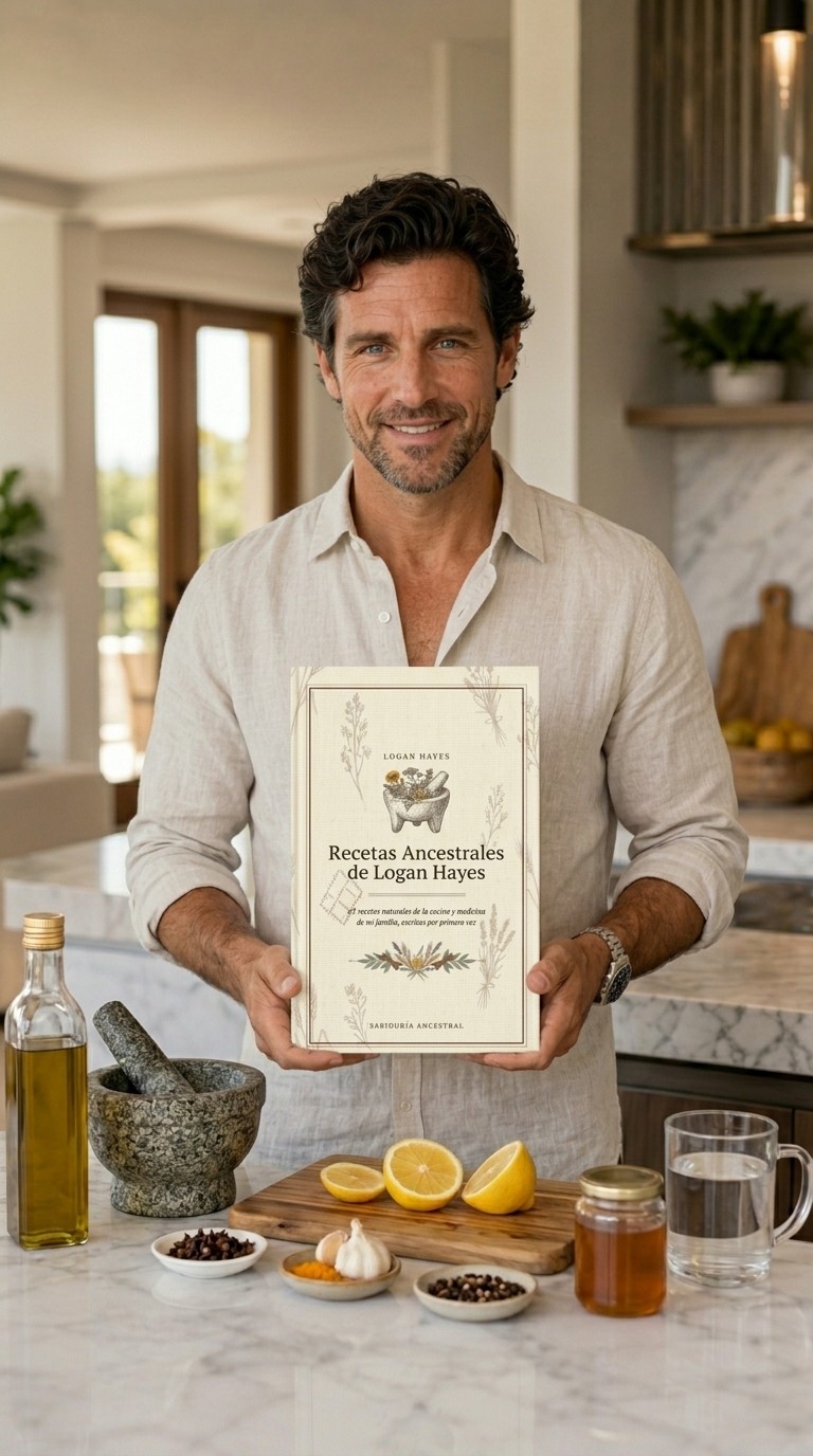 Logan Hayes sosteniendo las Recetas Ancestrales de Logan Hayes